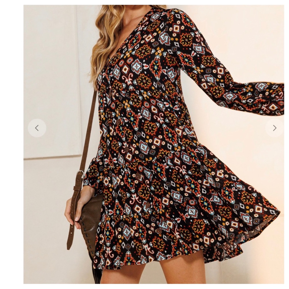 20 Boho Bohemian Print Fabric V-Neck Tiered Mini Dress